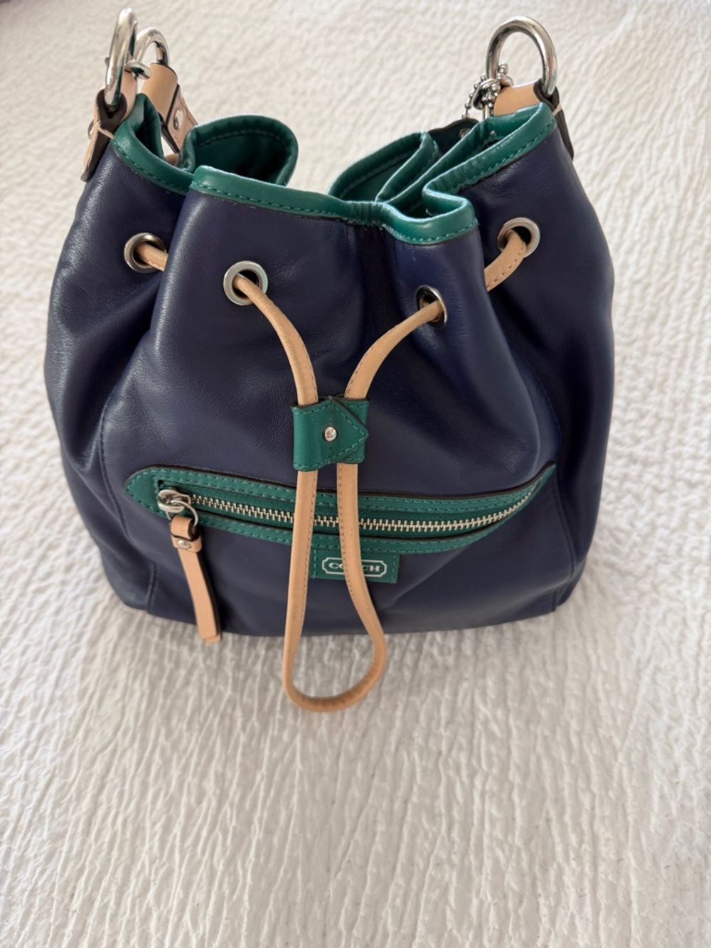 COACH Navy Leather Drawstring Hobo with Green Trim and Tan Accents